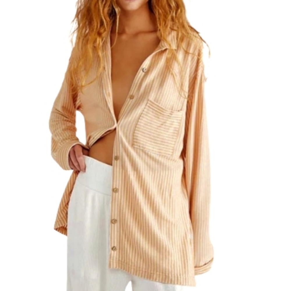 Free People Beach Better Days Striped Oversized Button Down Top Size XS